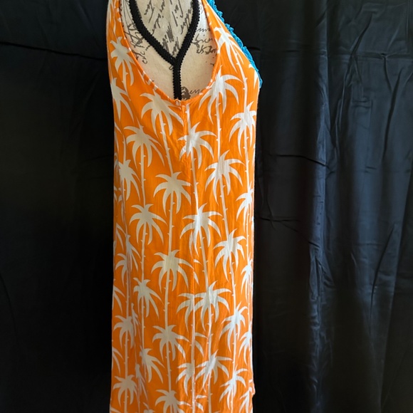 Tracy Negoshian, orange and white palm tree pattern dress with teal ruffle, sz L - Picture 2 of 5